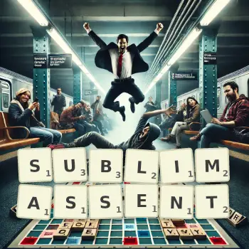 Illustration créative d'un jeu de lettres avec le mot SUBLIMASSENT épelé sur le plateau.