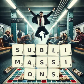 Illustration créative d'un jeu de lettres avec le mot SUBLIMASSIONS épelé sur le plateau.