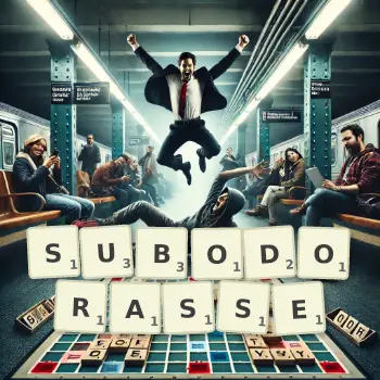 Illustration créative d'un jeu de lettres avec le mot SUBODORASSE épelé sur le plateau.