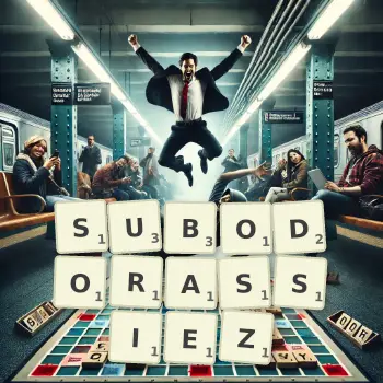 Illustration créative d'un jeu de lettres avec le mot SUBODORASSIEZ épelé sur le plateau.