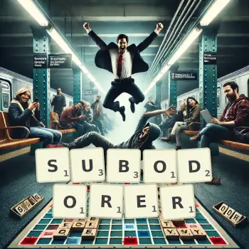 Illustration créative d'un jeu de lettres avec le mot SUBODORER épelé sur le plateau.