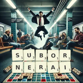 Illustration créative d'un jeu de lettres avec le mot SUBORNERAI épelé sur le plateau.