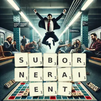Illustration créative d'un jeu de lettres avec le mot SUBORNERAIENT épelé sur le plateau.