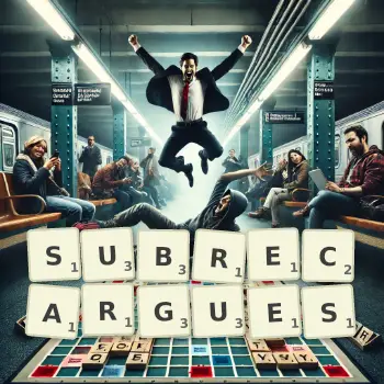 Illustration créative d'un jeu de lettres avec le mot SUBRECARGUES épelé sur le plateau.