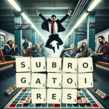 Illustration créative d'un jeu de lettres avec le mot SUBROGATOIRES épelé sur le plateau.