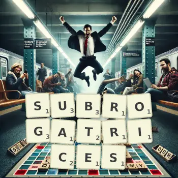 Illustration créative d'un jeu de lettres avec le mot SUBROGATRICES épelé sur le plateau.