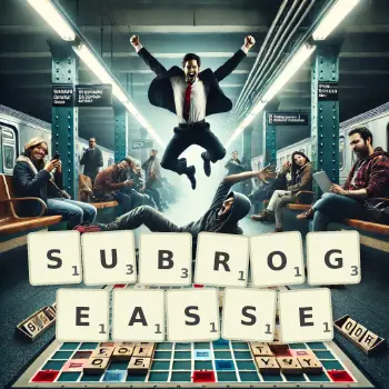 Illustration créative d'un jeu de lettres avec le mot SUBROGEASSE épelé sur le plateau.
