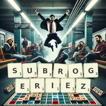 Illustration créative d'un jeu de lettres avec le mot SUBROGERIEZ épelé sur le plateau.