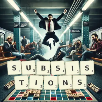 Illustration créative d'un jeu de lettres avec le mot SUBSISTIONS épelé sur le plateau.