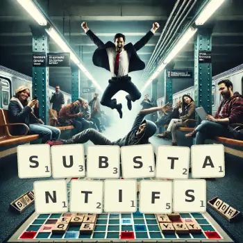 Illustration créative d'un jeu de lettres avec le mot SUBSTANTIFS épelé sur le plateau.