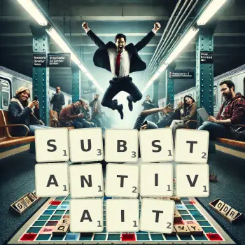 Illustration créative d'un jeu de lettres avec le mot SUBSTANTIVAIT épelé sur le plateau.