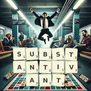 Illustration créative d'un jeu de lettres avec le mot SUBSTANTIVANT épelé sur le plateau.