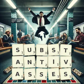 Illustration créative d'un jeu de lettres avec le mot SUBSTANTIVASSES épelé sur le plateau.