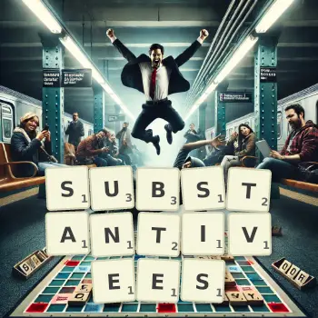 Illustration créative d'un jeu de lettres avec le mot SUBSTANTIVEES épelé sur le plateau.