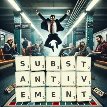 Illustration créative d'un jeu de lettres avec le mot SUBSTANTIVEMENT épelé sur le plateau.