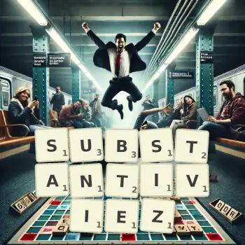 Illustration créative d'un jeu de lettres avec le mot SUBSTANTIVIEZ épelé sur le plateau.