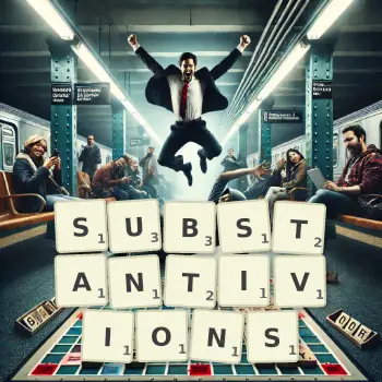 Illustration créative d'un jeu de lettres avec le mot SUBSTANTIVIONS épelé sur le plateau.
