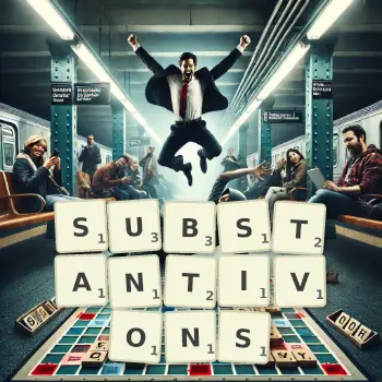 Illustration créative d'un jeu de lettres avec le mot SUBSTANTIVONS épelé sur le plateau.