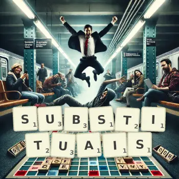 Illustration créative d'un jeu de lettres avec le mot SUBSTITUAIS épelé sur le plateau.