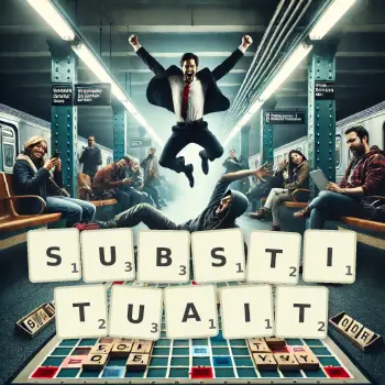 Illustration créative d'un jeu de lettres avec le mot SUBSTITUAIT épelé sur le plateau.
