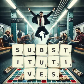 Illustration créative d'un jeu de lettres avec le mot SUBSTITUTIVES épelé sur le plateau.