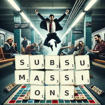 Illustration créative d'un jeu de lettres avec le mot SUBSUMASSIONS épelé sur le plateau.