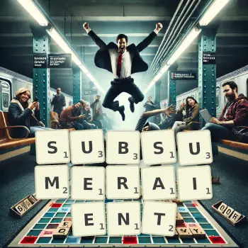 Illustration créative d'un jeu de lettres avec le mot SUBSUMERAIENT épelé sur le plateau.
