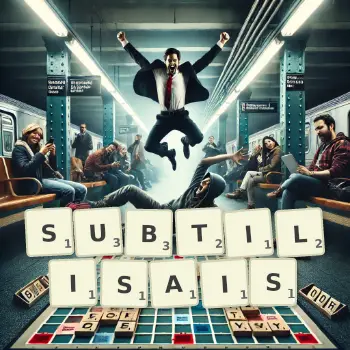 Illustration créative d'un jeu de lettres avec le mot SUBTILISAIS épelé sur le plateau.