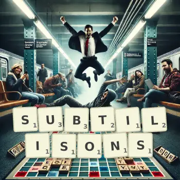 Illustration créative d'un jeu de lettres avec le mot SUBTILISONS épelé sur le plateau.