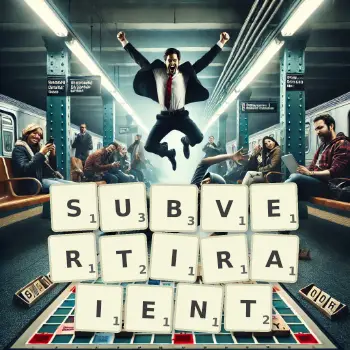 Illustration créative d'un jeu de lettres avec le mot SUBVERTIRAIENT épelé sur le plateau.
