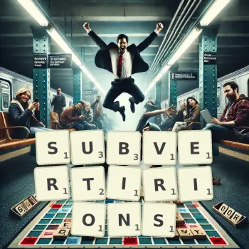 Illustration créative d'un jeu de lettres avec le mot SUBVERTIRIONS épelé sur le plateau.