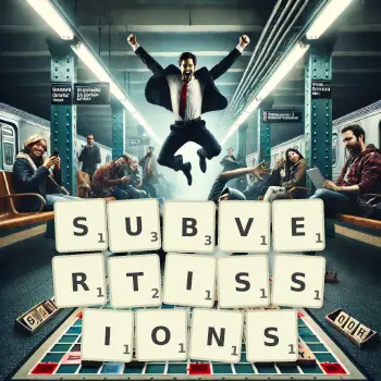 Illustration créative d'un jeu de lettres avec le mot SUBVERTISSIONS épelé sur le plateau.