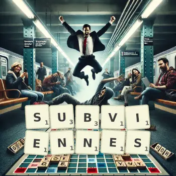 Illustration créative d'un jeu de lettres avec le mot SUBVIENNES épelé sur le plateau.