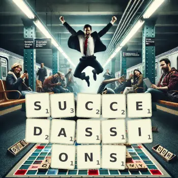 Illustration créative d'un jeu de lettres avec le mot SUCCEDASSIONS épelé sur le plateau.