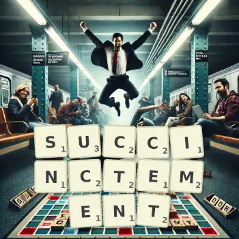 Illustration créative d'un jeu de lettres avec le mot SUCCINCTEMENT épelé sur le plateau.