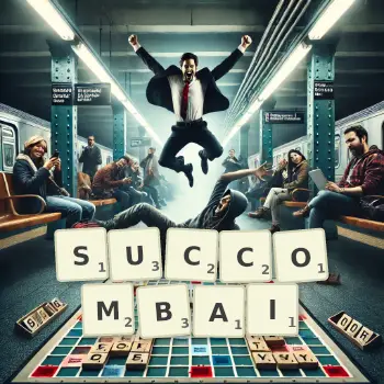 Illustration créative d'un jeu de lettres avec le mot SUCCOMBAI épelé sur le plateau.