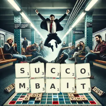 Illustration créative d'un jeu de lettres avec le mot SUCCOMBAIT épelé sur le plateau.