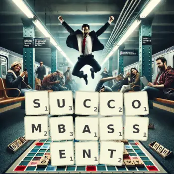 Illustration créative d'un jeu de lettres avec le mot SUCCOMBASSENT épelé sur le plateau.