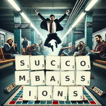 Illustration créative d'un jeu de lettres avec le mot SUCCOMBASSIONS épelé sur le plateau.