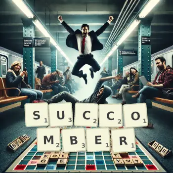 Illustration créative d'un jeu de lettres avec le mot SUCCOMBER épelé sur le plateau.