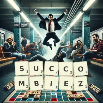 Illustration créative d'un jeu de lettres avec le mot SUCCOMBIEZ épelé sur le plateau.
