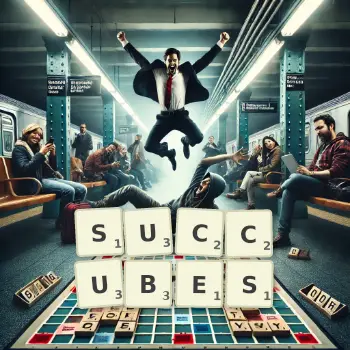 Illustration créative d'un jeu de lettres avec le mot SUCCUBES épelé sur le plateau.