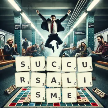 Illustration créative d'un jeu de lettres avec le mot SUCCURSALISME épelé sur le plateau.