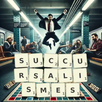 Illustration créative d'un jeu de lettres avec le mot SUCCURSALISMES épelé sur le plateau.