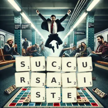 Illustration créative d'un jeu de lettres avec le mot SUCCURSALISTE épelé sur le plateau.
