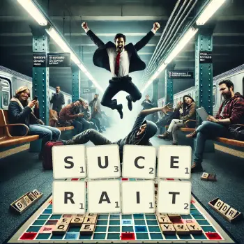 Illustration créative d'un jeu de lettres avec le mot SUCERAIT épelé sur le plateau.