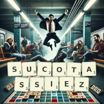 Illustration créative d'un jeu de lettres avec le mot SUCOTASSIEZ épelé sur le plateau.