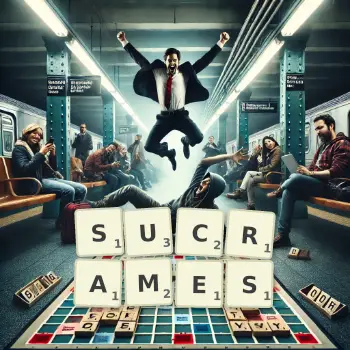 Illustration créative d'un jeu de lettres avec le mot SUCRAMES épelé sur le plateau.