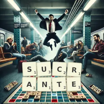 Illustration créative d'un jeu de lettres avec le mot SUCRANTE épelé sur le plateau.