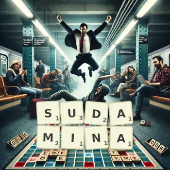 Illustration créative d'un jeu de lettres avec le mot SUDAMINA épelé sur le plateau.